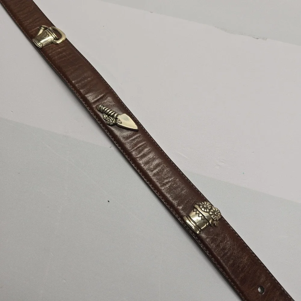 Vintage Brown Leather Gardening Theme Belt Silver Hardware‎ Charms Size M USA